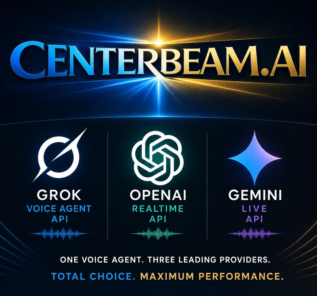 Centerbeam.ai Nova supports the Grok Voice Agent API, the OpenAI Realtime API, and the Gemini Live API